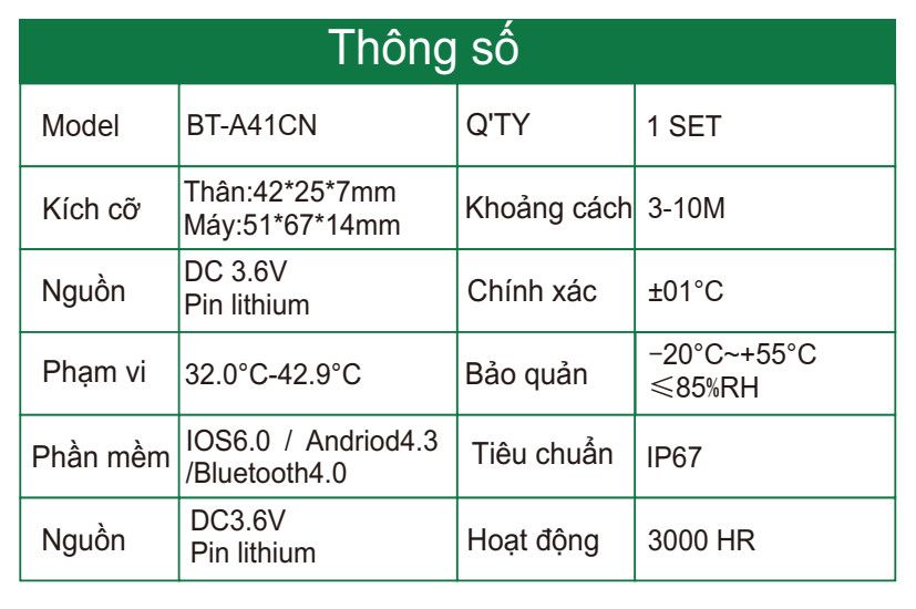 Thông số kỹ thuật nhiệt kế theo dõi liên tục 24h